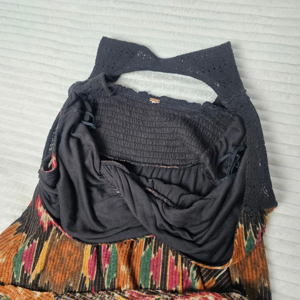 Free People Black Midi Dress with Rust, Mustard & Olive Ikat Print